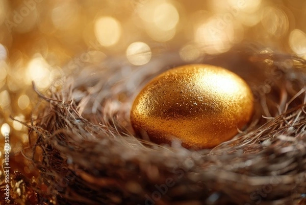 Fototapeta Golden egg in a nest, bokeh background