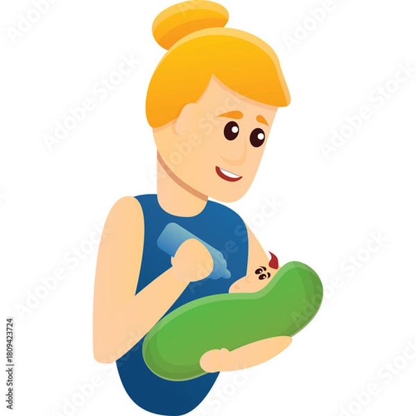 Obraz Mother Wearing A Blue Sleeveless Top Feeding Her Baby With A Bottle In A Loving Manner On A White Background