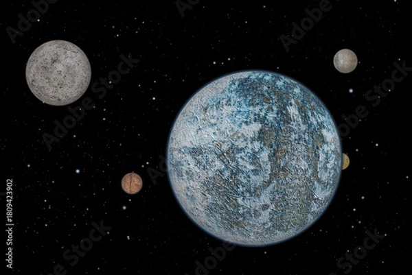 Fototapeta Artist's concept / illustration: Distant solar system with frozen planet and four moons.