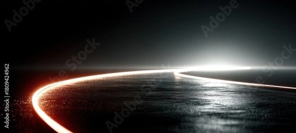 Fototapeta Red arc light beam on dark grainy background in vintage cinematic style for minimal monochromatic design sci-fi concept or abstract visual theme

