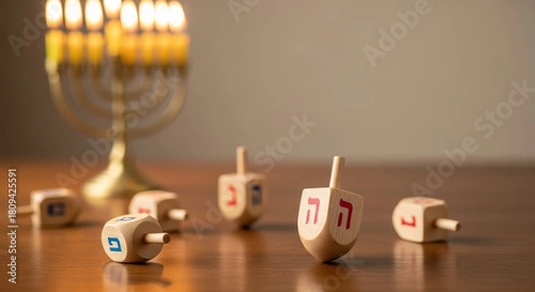 Fototapeta Hanukkah setup with dreidels and menorah, traditional Jewish holiday. Hanukkah celebration includes spinning tops with Hebrew letters and candelabra with lit candles,