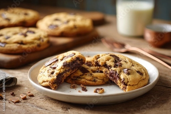 Fototapeta Chocolate chip cookies, broken in half, on plate