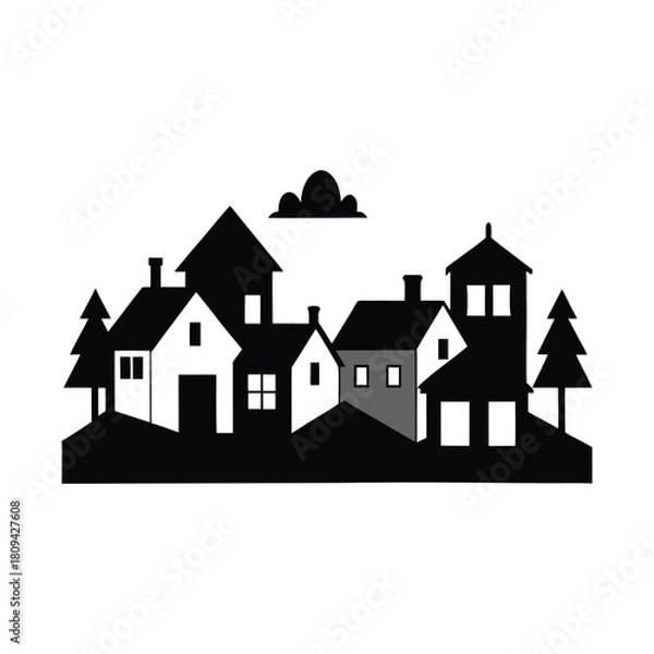 Fototapeta Stylized Silhouette of a Village with Trees and Cloud