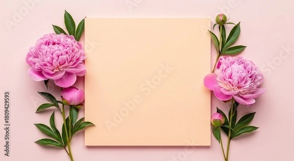 Fototapeta Elegant pink peonies frame your message beautifully on a peach background, perfect for romantic notes, wedding invites, or heartfelt announcements