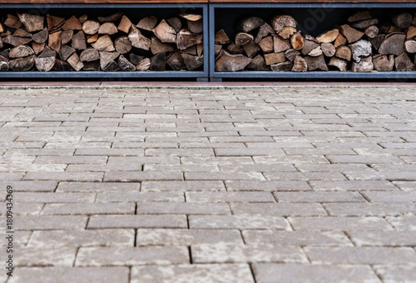 Fototapeta Wooden logs stacked neatly in metal racks on a paved surface. The scene showcases a rustic storage solution for firewood, copy space