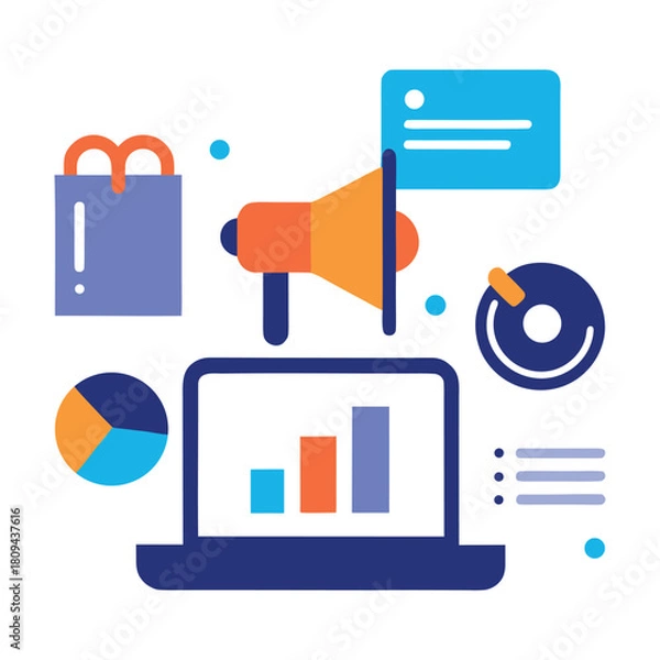 Obraz Flat vector digital marketing concept illustration with icons and charts isolated on white background