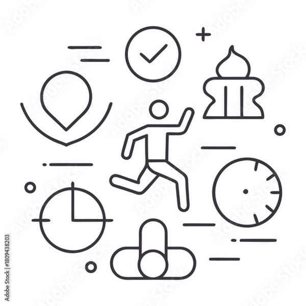 Fototapeta Collection of minimalist line art icons representing fitness and exercise activities isolated on white background