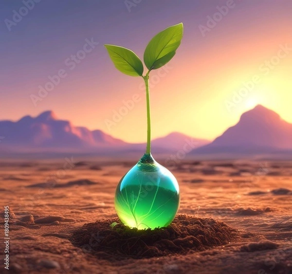 Fototapeta A single glowing green fuel drop touching soil and sprouting a tiny plant