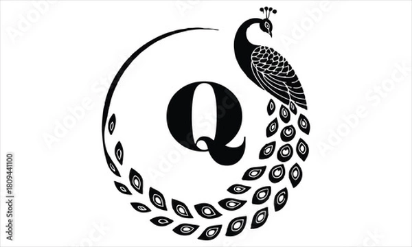 Fototapeta Letter Q logo with a stylized peacock silhouette on bird