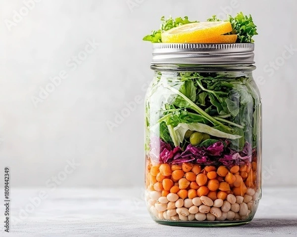 Fototapeta Mason jar salad with layered legumes and lemon vinaigrette, plantbased eating, portable health lunch