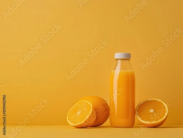 Obraz Fresh pressed juice in glass bottle with vibrant fruits, plantbased eating, detox and hydration concept