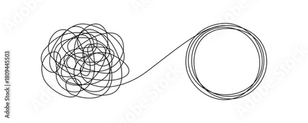 Obraz Chaotic tangled line transforms into circle knot illustration. Abstract concept showing problem-solving path from mess to order in vector graphic format.