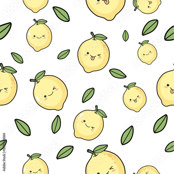 Obraz Cute Lemon Cartoon Seamless Pattern Design with Smiling Faces and Green Leaves