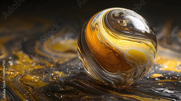 Fototapeta Golden Fluid Sphere Twisting in Space with Soft Ripples