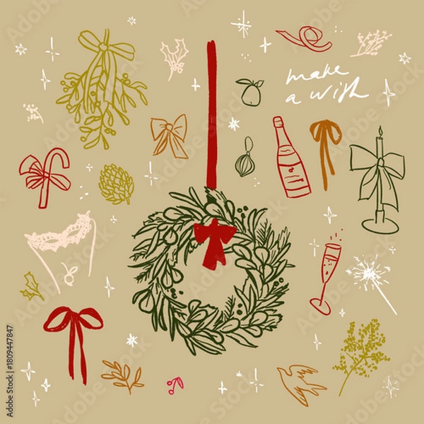 Obraz Hand drawn sketch elegant delicate spruce winter Christmas elements