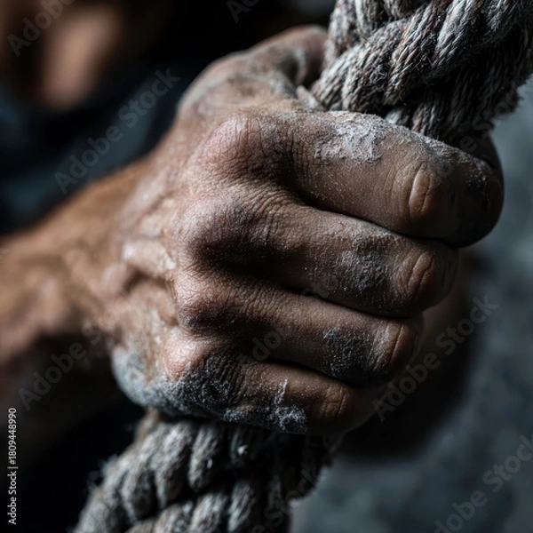 Obraz Close up of a strong chalk-covered hand gripping a thick climbing rope during training