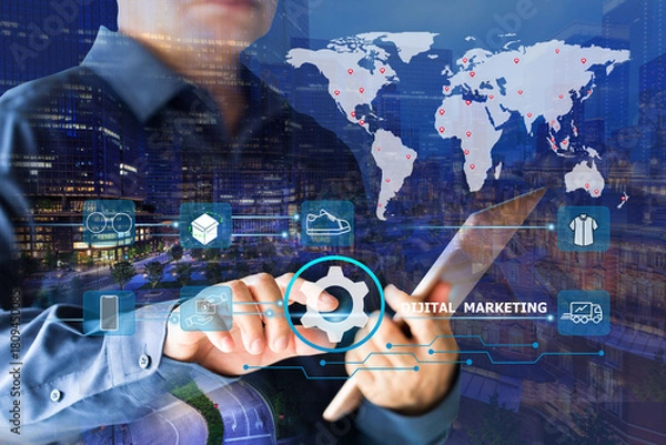 Fototapeta Double exposure of business man hand touching with business financial virtual, Digital marketing concept, Cityscape background.