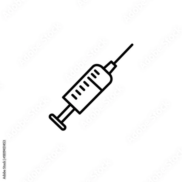 Fototapeta A minimalist vector illustration of a syringe featuring a needle, plunger, and volume markings in black on a white background for medical or health related designs