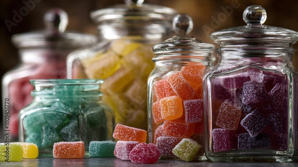 Fototapeta Assorted colorful gummy candy in glass jars with sugar coating
