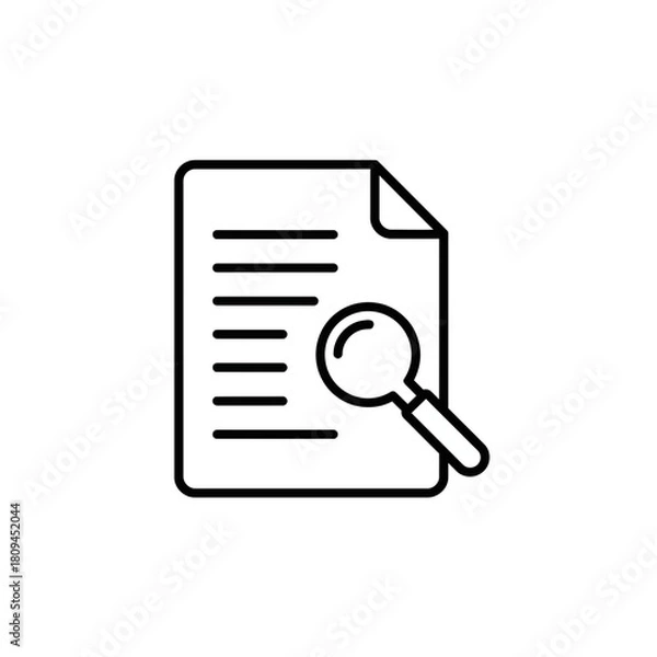 Fototapeta Document review icon with magnifying glass showing text on a sheet, representing detailed research analysis and information retrieval