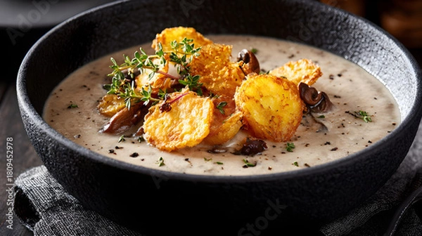 Fototapeta Creamy mushroom soup topped with crispy potatoes in black bowl