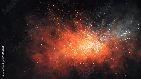 Fototapeta Fiery Orange and Soft White Particles Bursting Over Dark Canvas
