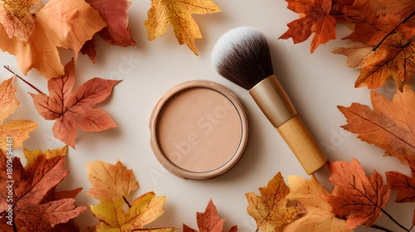 Fototapeta Makeup compact and brush surrounded by fall leaves on clean background