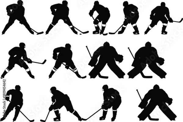 Fototapeta Black Silhouette Set of Ice Hockey Players, Including Goalkeepers, Isolated on White Background, Showing Various Action and Skating Poses.