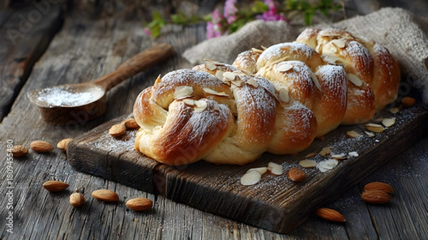 Fototapeta Decorative braided bread with almonds and powdered sugar on rustic board