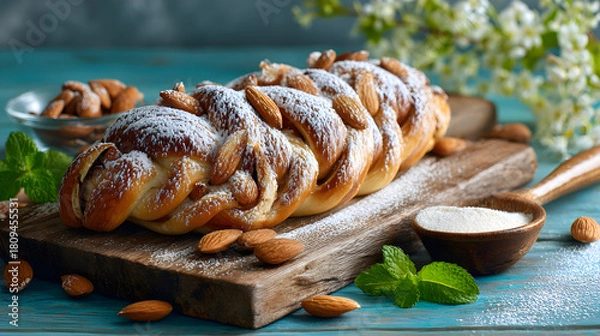 Fototapeta Decorative braided bread with almonds and powdered sugar on rustic board
