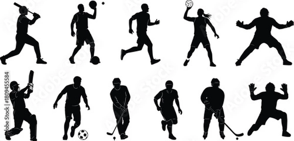Fototapeta Vector Collection of Diverse Athletes Silhouettes Playing Cricket, Baseball, Soccer, Hockey, and Volleyball Illustrating Popular Sports Games and Action