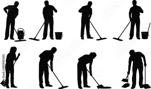 Fototapeta Vector Collection of Janitor and Cleaning Service Silhouettes Mopping Floors, Sweeping, and Using Buckets Illustrating Professional Housekeeping and Maintenance Work