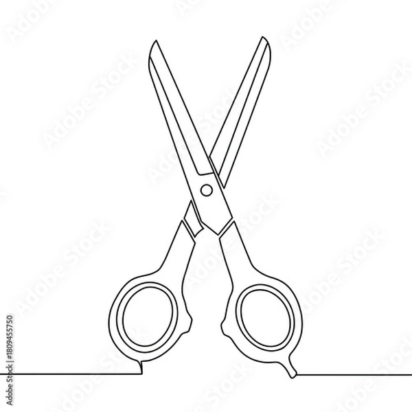 Fototapeta Minimalist one line drawing of open scissors for cutting or trimming with a continuous stroke
