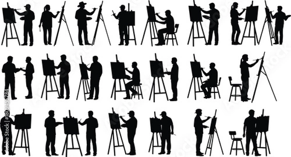 Obraz Large Group of Artist Silhouettes Painting on Easels Vector Collection Illustrating Diverse People Engaged in Creative Art and Hobby Activities