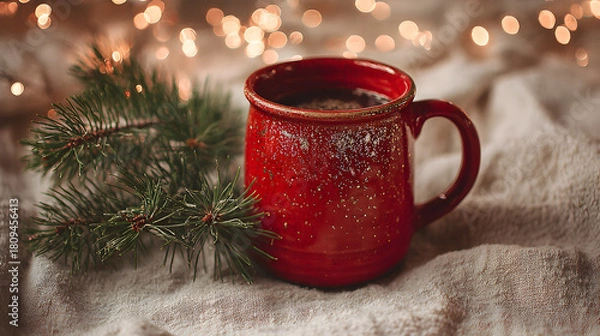 Fototapeta Festive red mug with sparkles and a pine sprig in cozy light