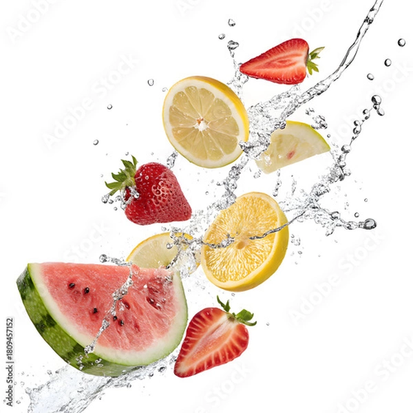 Obraz Fresh watermelon, lemons, and strawberries splash in crisp water, perfect for vibrant summer recipes and healthy lifestyle content or juice bar promotions