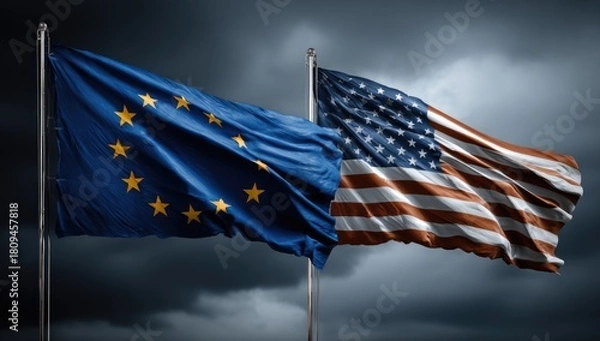Fototapeta Flags of the US and Europe billow in a storm, symbolizing alliance amidst global change