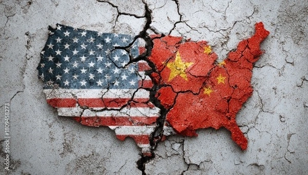 Fototapeta A cracked map showing USA and China, symbolizing geopolitical division, fractured relationships, and tensions