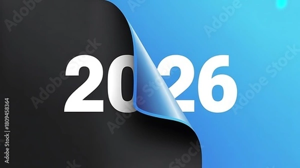 Fototapeta 2026 Year two thousand twenty six New Year revealed from under a curled blue paper on a dark background design