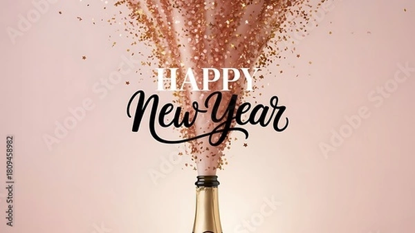 Fototapeta Champagne bottle with happy new year text and golden confetti on a light pink background design