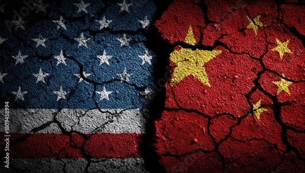 Obraz Symbolic depiction of the United States and China divided by a crack, flags merged