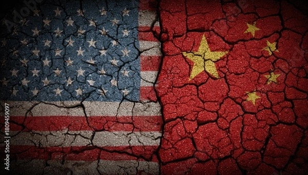 Fototapeta Cracked earth, symbolizing geopolitical tension. Flags represent two nations. Impact of conflict