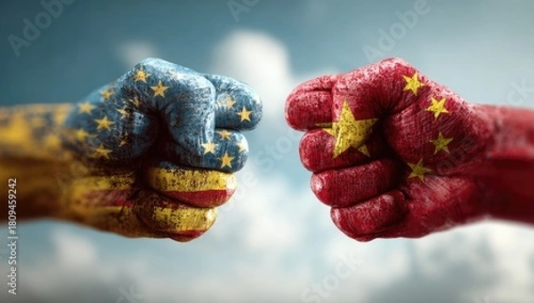 Obraz Two fists, one painted with stars on a blue background, the other red with a yellow star, ready to clash