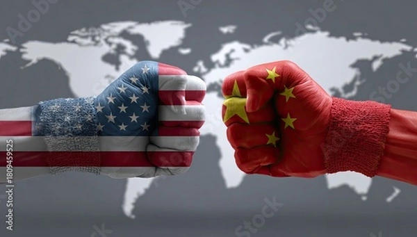 Fototapeta Two clenched fists, painted with national flags, meet against a gray global map backdrop