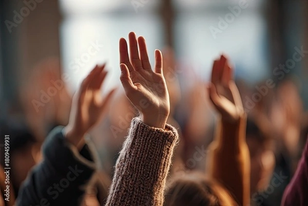 Fototapeta Selective focus on raised arms, with a textured sleeve and blurred background