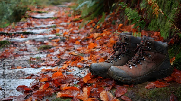 Fototapeta Autumn trail with red-orange leaves and worn walking boots on the path