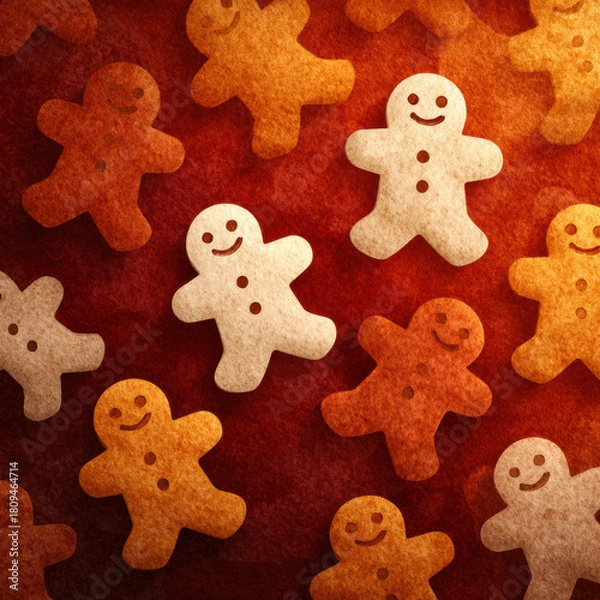 Obraz Gingerbread cookie shapes with smiling faces in warm brown and beige tones on textured red background create cozy festive atmosphere perfect for holiday celebrations