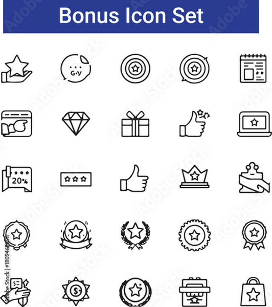 Obraz Benefit icon set. Reward related icons: bonus, loyalty, star, employee benefit, winner, award, prize, incentive and more.
