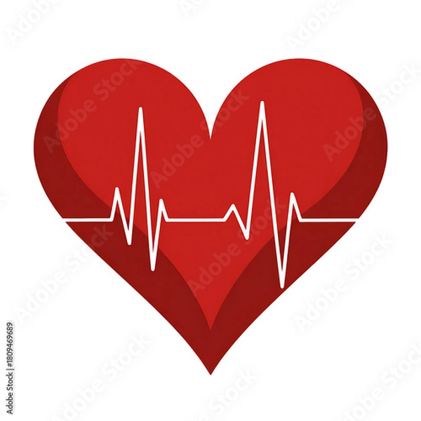 Obraz Red heart symbol with a white electrocardiogram or ecg heartbeat line isolated on transparent background