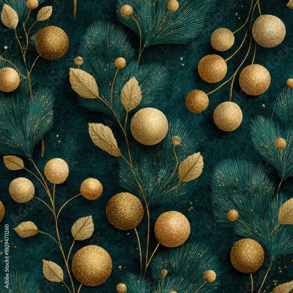 Fototapeta Golden glitter ball and leaf decoration with dark green pine branch seamless pattern, festive holiday background with elegant luxury style and rich texture
